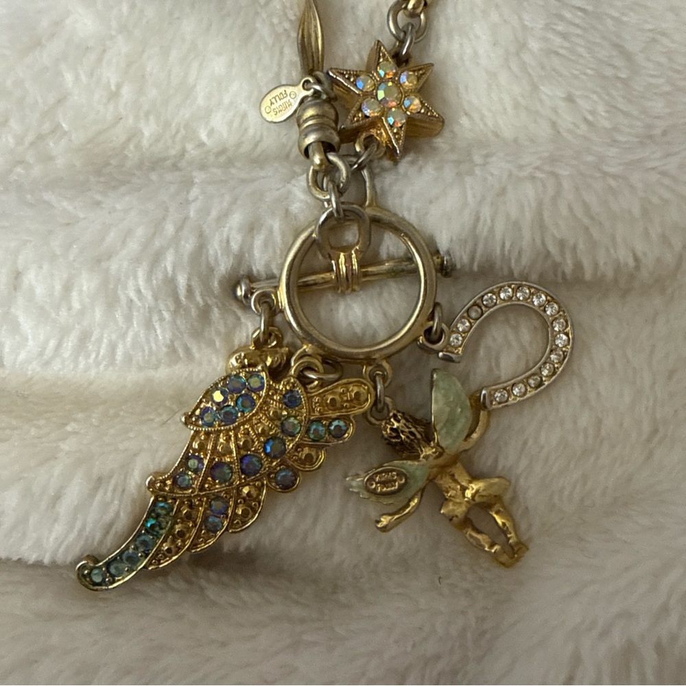 Kirk Folly Gold Plated Charm Necklace with Angel, Horseshoe and Angel Wing